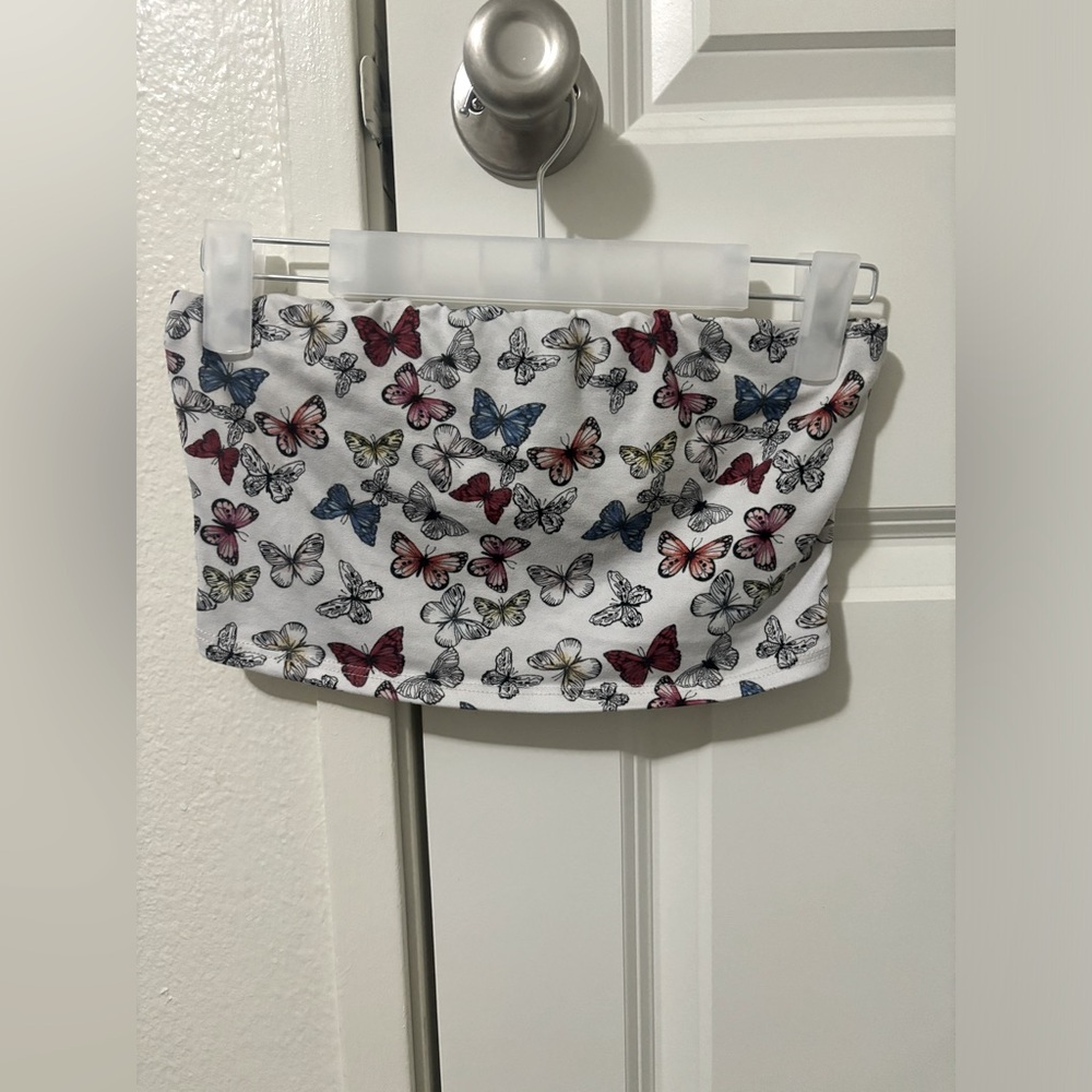 White tube top with colorful butterflies.